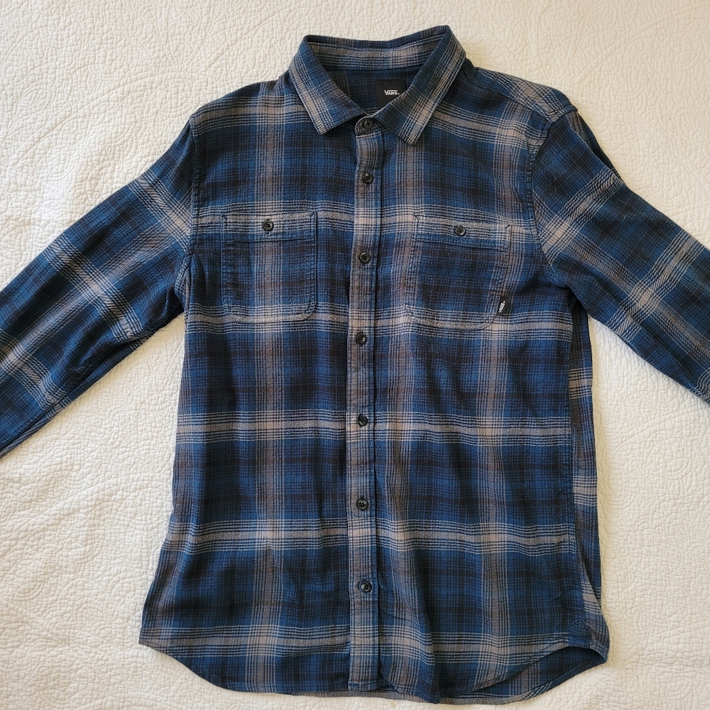 Vans Flannel Shirt Gray Blue Plaid Medium Long Sleeve Button